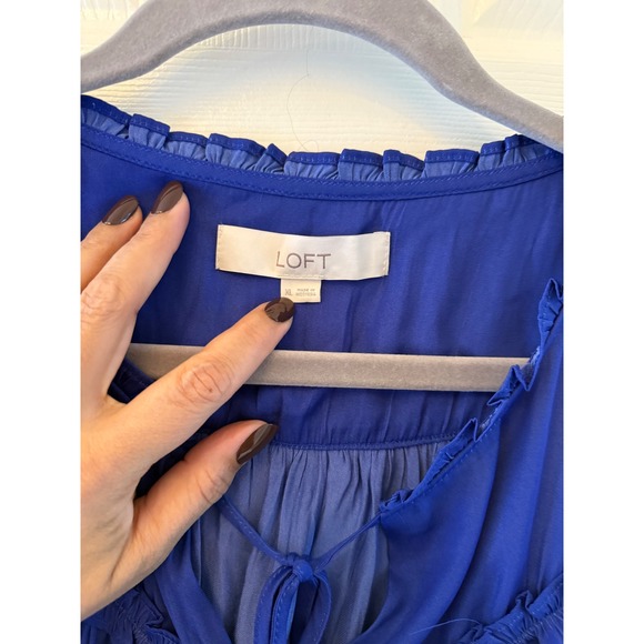 LOFT Ruffle Peasant Blouse XL Cobalt Blue Button Front Long Sleeve‎ Boho Top - Picture 3 of 7